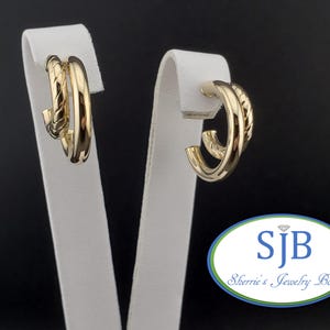 Gold Hoop Earrings, 14k Yellow Gold Smooth & Textured Double J Hoop Stud Hoop Earrings, Unique 14k Gold Hoops, Everyday Hoops, #E1969