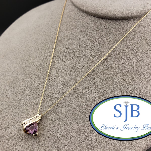 Vintage Alexandrite Necklace, Vintage 10k Yellow Gold Trillion Alexandrite & Diamond Pendant with 20" Chain, June Birthstone Jewelry, #C3841