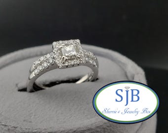 Engagement Rings, Halo Engagement Sets, 14k White Gold Princess Cut Diamond Halo Engagement Ring and Diamond Wedding Band, Size 6.5, #WD346