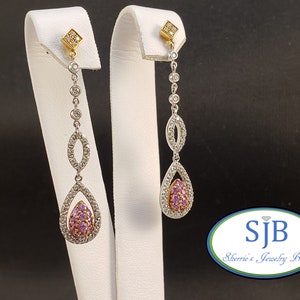 Pink Sapphire Earrings, 18k White & Yellow Gold Pink Sapphire Earrings, Sapphire and Diamond Dangle Earrings, September Birthstones, #E379