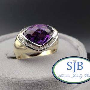 Vintage Amethyst Rings, 14k Yellow Gold Oval Checkerboard Faceted Amethyst & Diamond Halo Fashion Ring, February Birthstones, Size 5.5 #C693