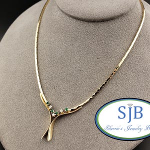 Vintage Emerald Necklace, Vintage 14k Yellow Gold 15.5&quot; Emerald & Diamond Cobra Chain V Necklace, Unique Vintage Layering Necklaces, #C4604