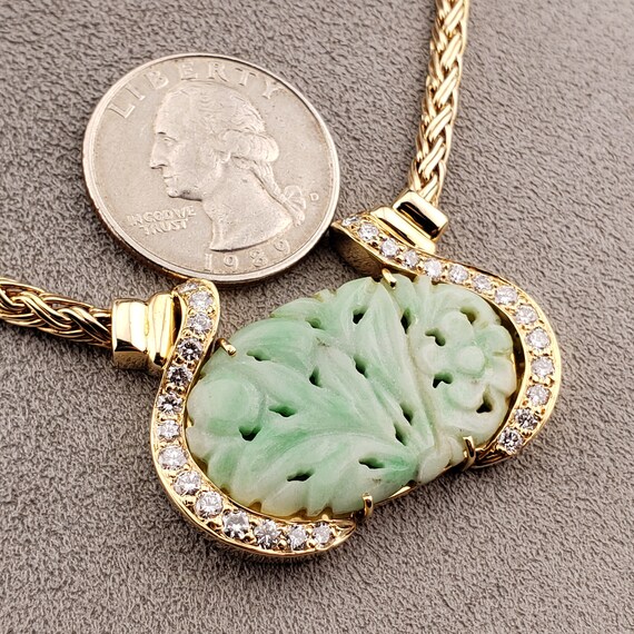 Green Jade and Diamond Necklace, Vintage 14k Yell… - image 4