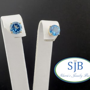 Orecchini con topazio blu, orecchini a bottone con topazio blu, orecchini a bottone con topazio blu da 7 mm in oro giallo 14k, orecchini a bottone classici, orecchini con pietra portafortuna, #E1929