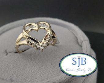 Vintage Diamond Ring, 10k Yellow Gold Diamond Heart Ring, Baguette Diamond Halo Ring, Promise Rings, Size 5.25, #C3721