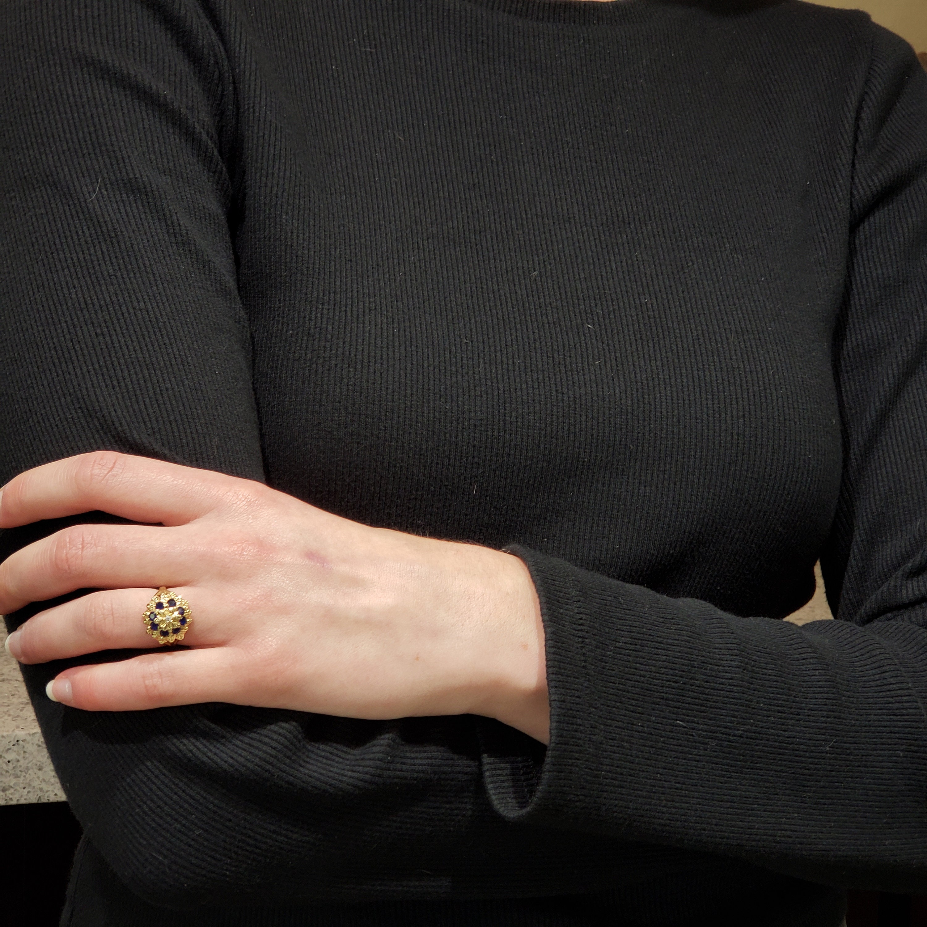 サファイア＆ダイヤモンドリング、ヴィンテージ 14K イエローゴールド