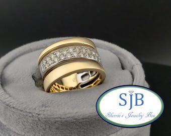 14k Yellow & White Gold Brushed Diamond Band, Wide Statement Rings, Stackable Anniversary Rings, Size 6.25, #WD1079