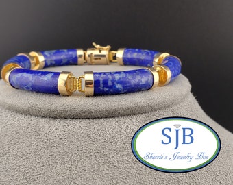 Lapis Bracelets, Vintage Lapis Lazuli Bracelet, Stackable Lapis Bracelet, Vintage 14k Yellow Gold Blue Lapis Link Bracelet, 7.25", #C3851