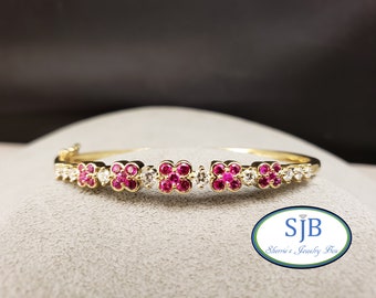 Ruby Bracelets, 14k Ruby & Diamond Bangle Bracelet, 14k Yellow Gold Genuine Ruby and Lab Diamond Bangle Bracelet, Stackable Bracelets, #B295