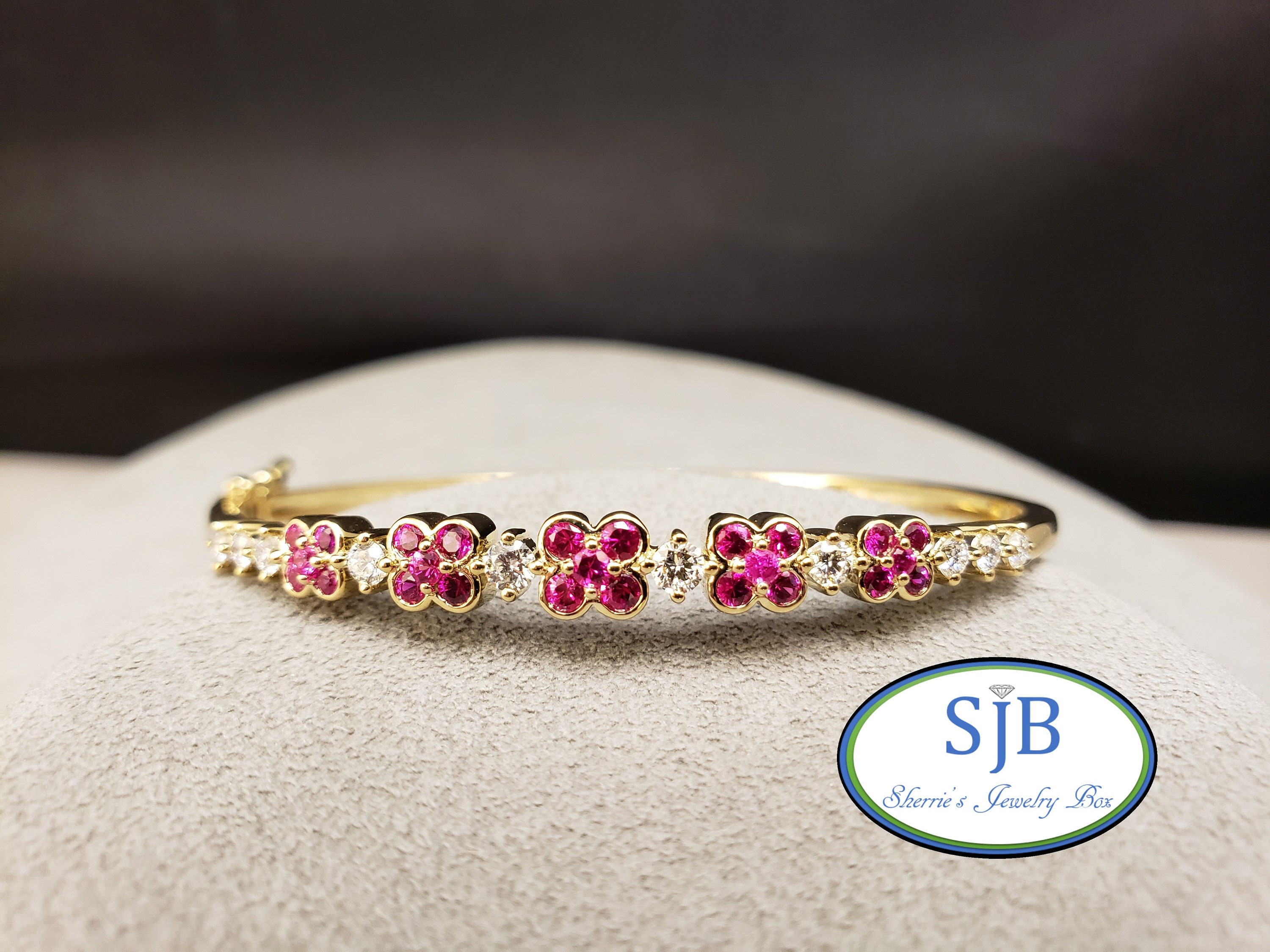 Edwardian Ruby and Diamond Flower Cluster Bangle Bracelet