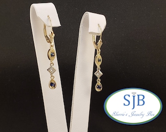 Sapphire Earrings, Sapphire Drop Earrings, 14k Two Tone Gold Blue Sapphire & Diamond Leverback Drop Earrings, September Birthstones, #E1762