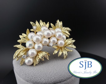 Vintage Pearl Brooch, Large Pearl Lapel Pin, 18k Yellow Gold Pearl Cluster and Diamond Floral Lapel Pin, June Birthstone Jewelry, #C3197