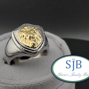 Bagues homme, bague homme en acier inoxydable avec tête de lion en or jaune 14 carats, bague homme en or jaune 14 carats et acier inoxydable, taille 10, #R1291