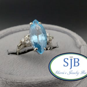 Blue Topaz Rings, Vintage Blue Topaz and Diamond Ring, Vintage 14k White Gold Blue Topaz & Diamond Ring, Birthstone Rings, Size 3.5, #C4317