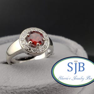 Garnet & Diamond Rings, Vintage 14k White Gold Garnet and Diamond Halo Ring, Vintage Statement Rings, January Birthstones, Size 5.75, #C3973
