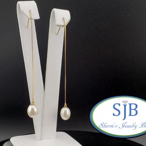 Pearl Earrings, 14k Pearl Threader Earrings, Long 14k Yellow Gold Freshwater Pearl Box Chain Threader Drop Earrings, June Birthstone, #E1936