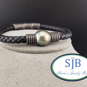 Tahitian Pearl Bracelets, 925 Sterling Silver Black Tahitian Pearl Braided Leather Bracelet, Unique Pearl Bracelets, June Birthstones, #B366