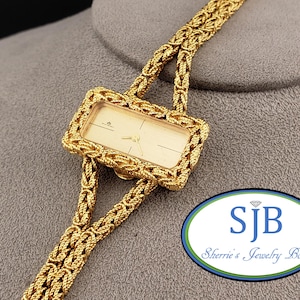 Vintage 18k Gold Watch, Vintage 18k Yellow Gold Bucherer Watch with Rectangular Case & Byzantine Chain Band, Unique 18k Gold Watches, #C4069