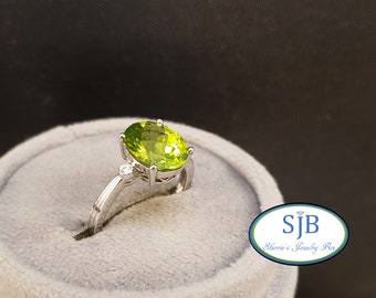 Peridot Rings, 14k Peridot Rings, 14k White Gold Peridot and Diamond Ring, 14k Green Gemstone Rings, August Birthstone Rings, Size 7, #R495