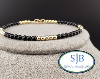 Onyx Bracelets, 14k Black Onyx Bracelet, 14k Yellow Gold & Black Onyx Pallina Bead Bracelet, Gemstone Bracelets, Stackable Bracelets, #B356