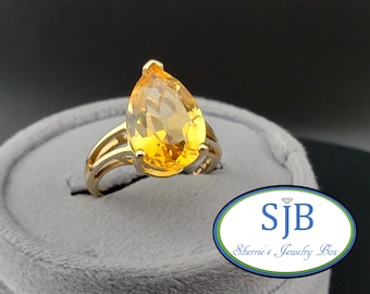 Vintage Citrine Rings, Vintage 10k Yellow Gold Pear Shaped Citrine Solitaire Ring, Statement Rings, November Birthstones, Size 6.5, #C4920