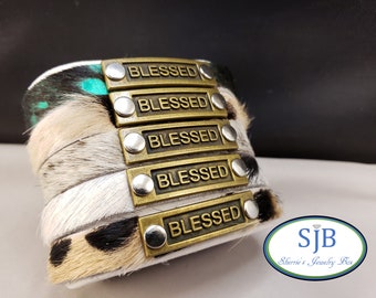 Leather Bracelets,  "Blessed" Bar Bracelet, Genuine Leather Bracelets, Adjustable Leather Bracelet, Fur Bracelets, Stacking Bracelets, #B310