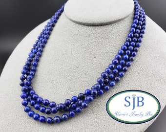 Lapis Beads, Blue Lapis Beaded Necklace, 3 Strand Lapis Beaded Necklace w/ 14k Gold Clasp, 15.5" Necklace From Gump's San Francisco, #C3191