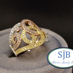 Diamond Rings, 14k White Yellow & Rose Gold Diamond Statement Ring, 14k Tri Gold Diamond Wedding Band, Anniversary Band, Size 6.25, #R746