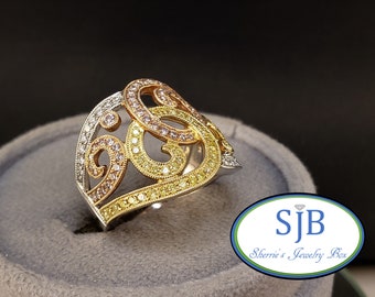 Diamond Rings, 14k White Yellow & Rose Gold Diamond Statement Ring, 14k Tri Gold Diamond Wedding Band, Anniversary Band, Size 6.25, #R746