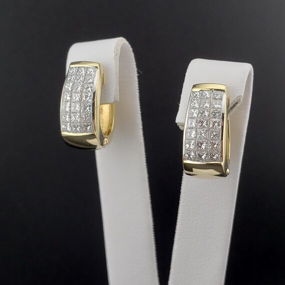 Diamond Earrings, Vintage Diamond Hoops, Vintage 18k Yellow Gold Princess Cut Diamond Hinged Hoop Earrings, Diamond Statement Hoops, #C4329 View 3