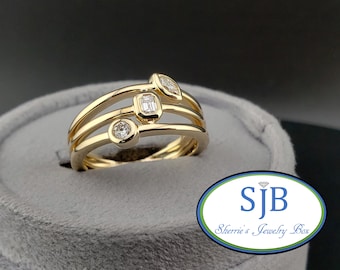 Diamond Band, Wide Diamond Band, 14k Yellow Gold 3 Row Bezel Set Multi Shape Diamond Band, Unique Stackable Anniversary Ring, Size 7, #R1403