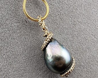 タヒチアンパールペンダント、大粒のブラックタヒチアンパール、14K