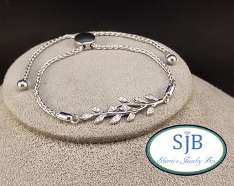 Diamond Bracelets, Diamond BOLO Bracelets, 925 Sterling Silver Diamond Leaf Bolo Bracelet, Adjustable Bracelets, Stackable Bracelets, #B333