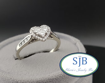 Verlovingsringen, unieke vintage diamanten ringen, vintage 14k White Gold Diamond Heart Halo Ring, stapelbare jubileumringen, maat 10, #C3818