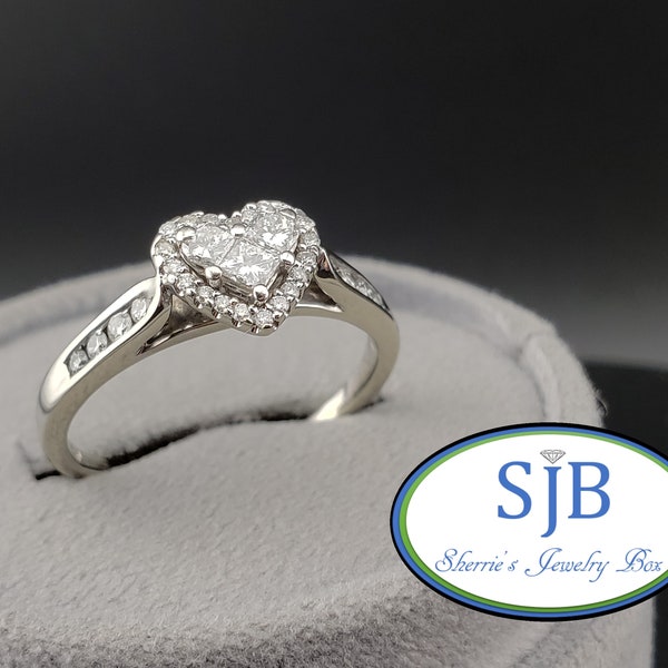 Engagement Rings, Unique Vintage Diamond Rings, Vintage 14k White Gold Diamond Heart Halo Ring, Stackable Anniversary Rings, Size 10, #C3818