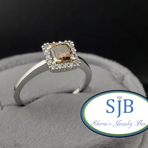 Engagement Rings, Diamond Halo Rings 14k White Gold Princess Cut Chocolate Diamond Halo Ring, Stackable Anniversary Rings, Size 7, #R1275