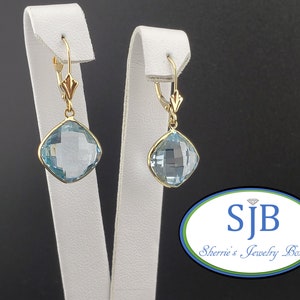 Blue Topaz Earrings, Blue Topaz Drop Earrings, 14k Yellow Gold Cushion Cut Blue Topaz Dangle Earrings, Blue Birthstone Earrings, #E1917