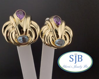 Blue Topaz & Amethyst Earrings, Vintage Gold Statement Earrings, 14k Yellow Gold Blue Topaz and Amethyst Omega Back Stud Earrings, #C3606