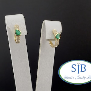 Emerald Hoops, Emerald & Diamond Hoops, 14k Yellow Gold Pearshape Emerald and Diamond Hinged Huggie Hoop Earrings, May Birthstone, #E1994
