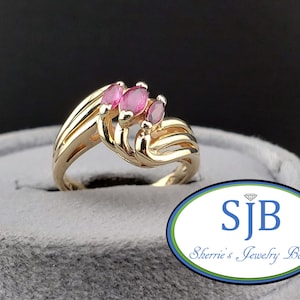 Vintage robijnringen, vintage 14k geelgouden ring met 3 marquise robijnen, unieke vintage stapelringen, ringen met de geboortesteen van juli, maat 4 #C6295
