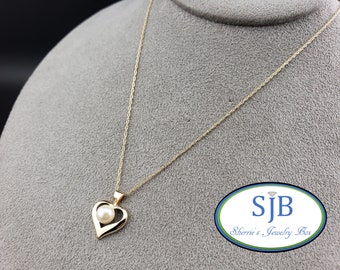 Pearl Pendants, Vintage Pearl Pendant, Heart Shape Pendants, Vintage 14k Yellow Gold Pearl Heart Pendant & Chain, June Birthstones, #C3491