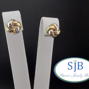 Gold Stud Earrings, Interlocking Love Knott Studs, 14k White & Yellow Gold Diamond Cut Love Knot Stud Earrings, Anniversary Earrings, #E2005