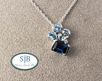 Blue Topaz Pendant, 14k White Gold Blue Topaz & Diamond Pendant, 18" Blue Topaz And Diamond Necklace, Multi Shape Blue Stone Pendant, #P1218