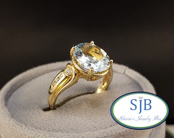 Aquamarine Rings, 14k Aqua Ring, 14k Yellow Gold Aquamarine Ring, Aqua & Diamond Statement Ring, March Birthstone Jewelry, Size 8.56, #WD143