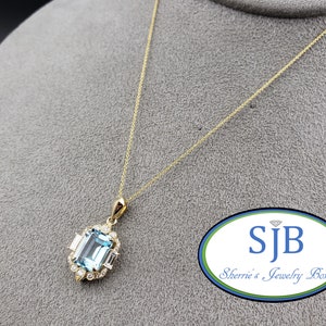 Blue Topaz Necklace, Blue Topaz & Diamond Pendant, 14k Yellow Gold Emerald Cut Blue Topaz and Diamond Halo Pendant with 14k Chain, #P1575