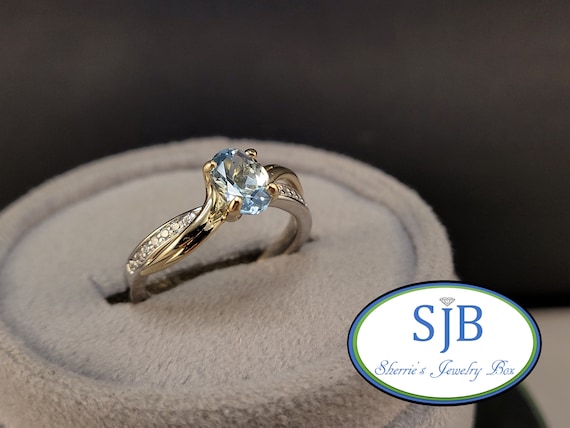 Blue Zircon Rings, Engagement Rings, 14k Two Tone Gold Blue Zircon & Diamond Engagement Ring, Stackable Anniversary Rings, Size 6.5, #WD586