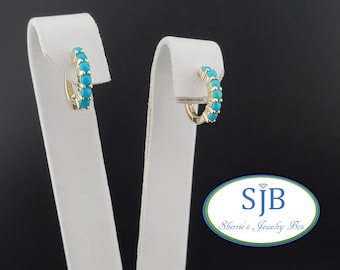 Turquoise Earrings, 14k Yellow Gold Turquoise Hoop Earrings, Turquoise Huggies, Blue Turquoise Hinged Hoops, 14k Turquoise Jewelry, #E1570