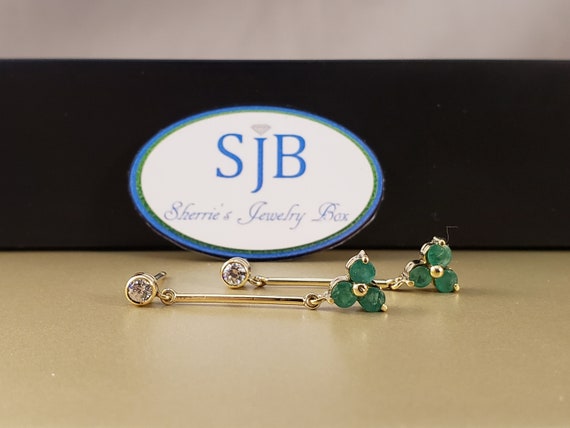 Emerald Earrings, 14k Yellow Gold Emerald & Diamo… - image 1