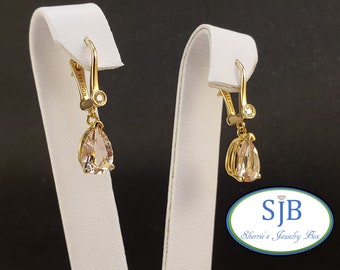 Morganite Earrings, Morganite Drop Earrings, 14k Yellow Gold Morganite & Diamond Leverback Dangle Earrings, Pink Stone Drop Earrings, #E1357