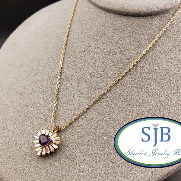 Amethyst and Diamond Necklace, Vintage 14k Yellow Gold Amethyst Heart & Diamond Halo Pendant with 15" Chain, February Birthstone, #C3836